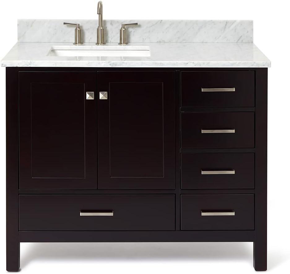 ARIEL Cambridge 43 in. Left Offset Rectangle Single Sink Vanity with Carrara White Marble Countertop in Espresso