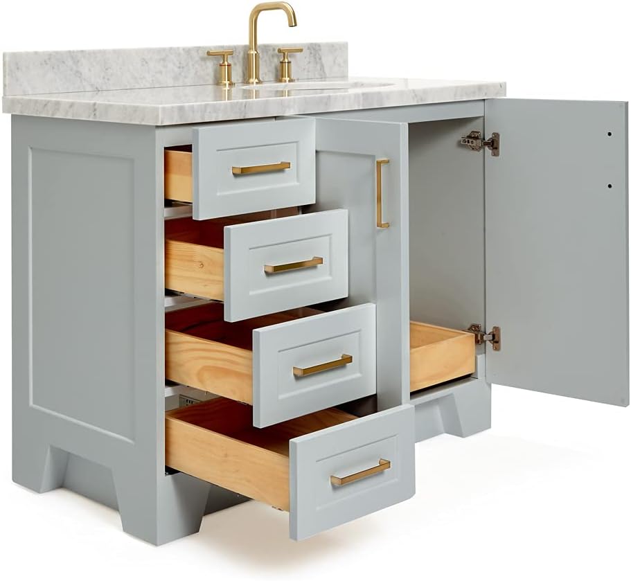 DKB Emilia 42-Inch Gray Bathroom Vanity with Sink, 1.5' Edge Italian Carrara Marble Countertop & 4' Backsplash, Right Oval Sink, 2 Soft-Closing Doors, 5 Dovetail Drawers, Solid Wood Base, Toe Kick