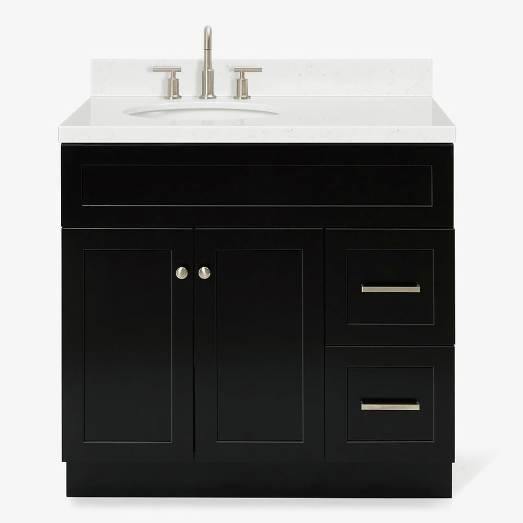 ARIEL Hamlet 36-inch Bathroom Vanity with Sink,Solid Wood, 1.5-inch Carrara White Quartz Countertop & Backsplash, Single Oval Porcelain Sink, 2 Soft Closing Doors, 2 Dovetail Drawers, Black