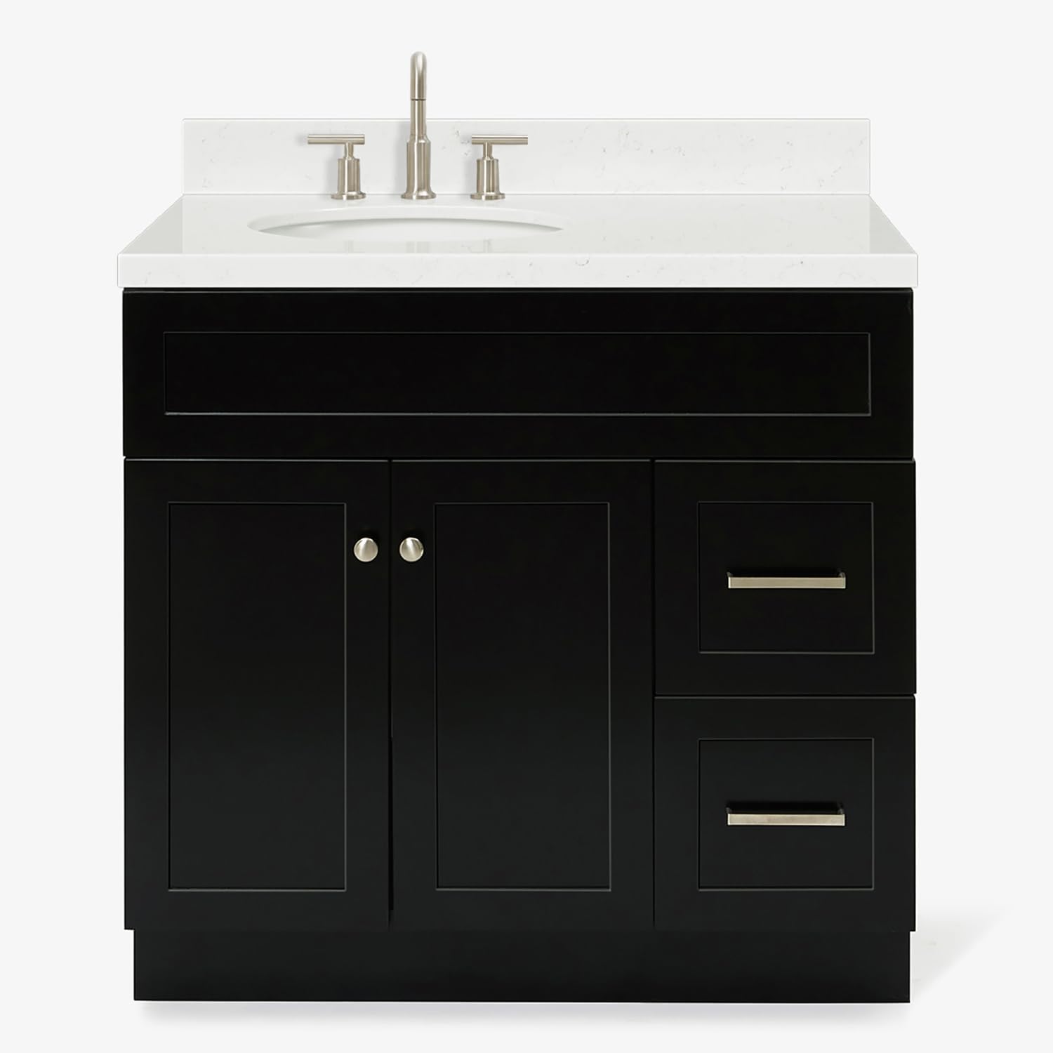 ARIEL Hamlet 36-inch Bathroom Vanity with Sink,Solid Wood, 1.5-inch Carrara White Quartz Countertop & Backsplash, Single Oval Porcelain Sink, 2 Soft Closing Doors, 2 Dovetail Drawers, Black