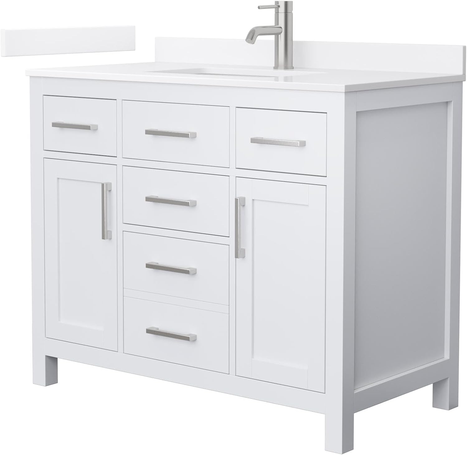 Wyndham Collection Beckett 42 Inch Single Bathroom Vanity in White, White Quartz Countertop, Undermount Square Sink (1-Hole), Brushed Nickel Trim
