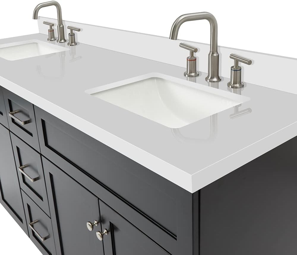 DKB Bradford 72 Inch Bathroom Vanity Double Sink — Black Bathroom Vanity with Sink, 1.5' Edge Pure White Quartz Countertop & Backsplash, 4 Soft-Close Doors, and 3 Dovetail Drawers