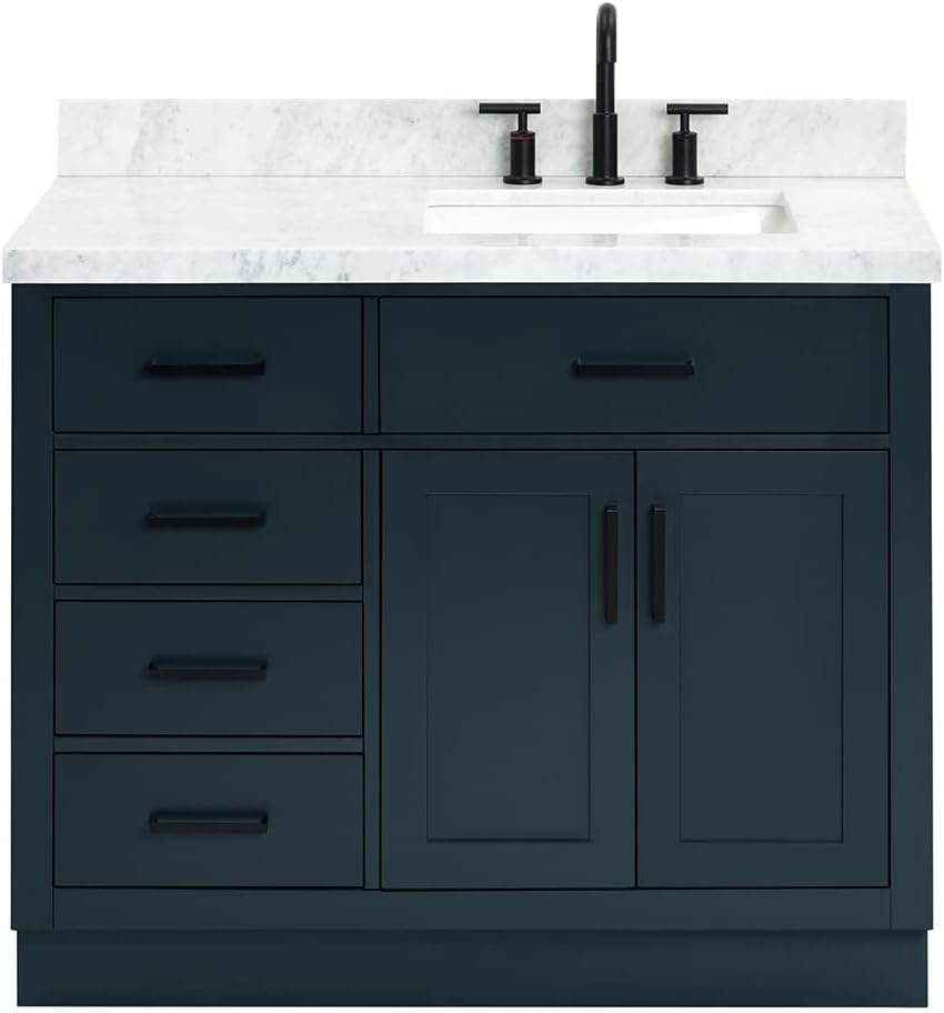 ARIEL 42-Inch White Single Bathroom Vanity with Sink, 1.5' Edge Pure White Quartz Countertop, Rectangular Undermount Sink, 2 Soft Closing Doors, 9 Dovetail Drawers, Toe Kick