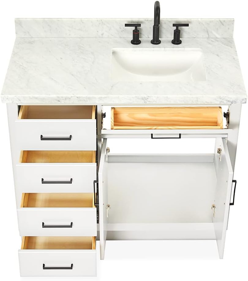 ARIEL 54' White Single Bathroom Vanity with Sink, 1.5' Italian Carrara Marble Countertop, Rectangular Undermount Sink, 2 Soft Closing Doors, 8 Dovetail Drawers, 1 Tilt Drawer