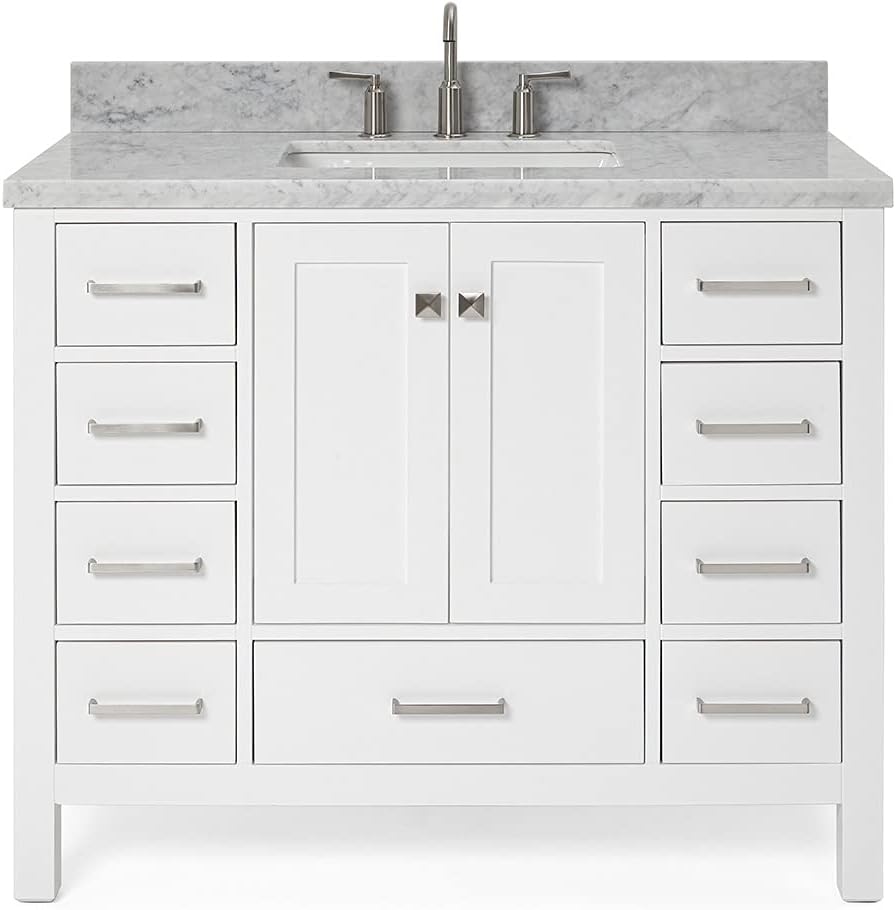 ARIEL Cambridge 42-inch Bathroom Vanity with Sink,Solid Wood, 1.5-inch Italian Carrara Marble Countertop, Single Rectangular Porcelain Sink, 2 Soft Closing Doors, 9 Dovetail Drawers, White