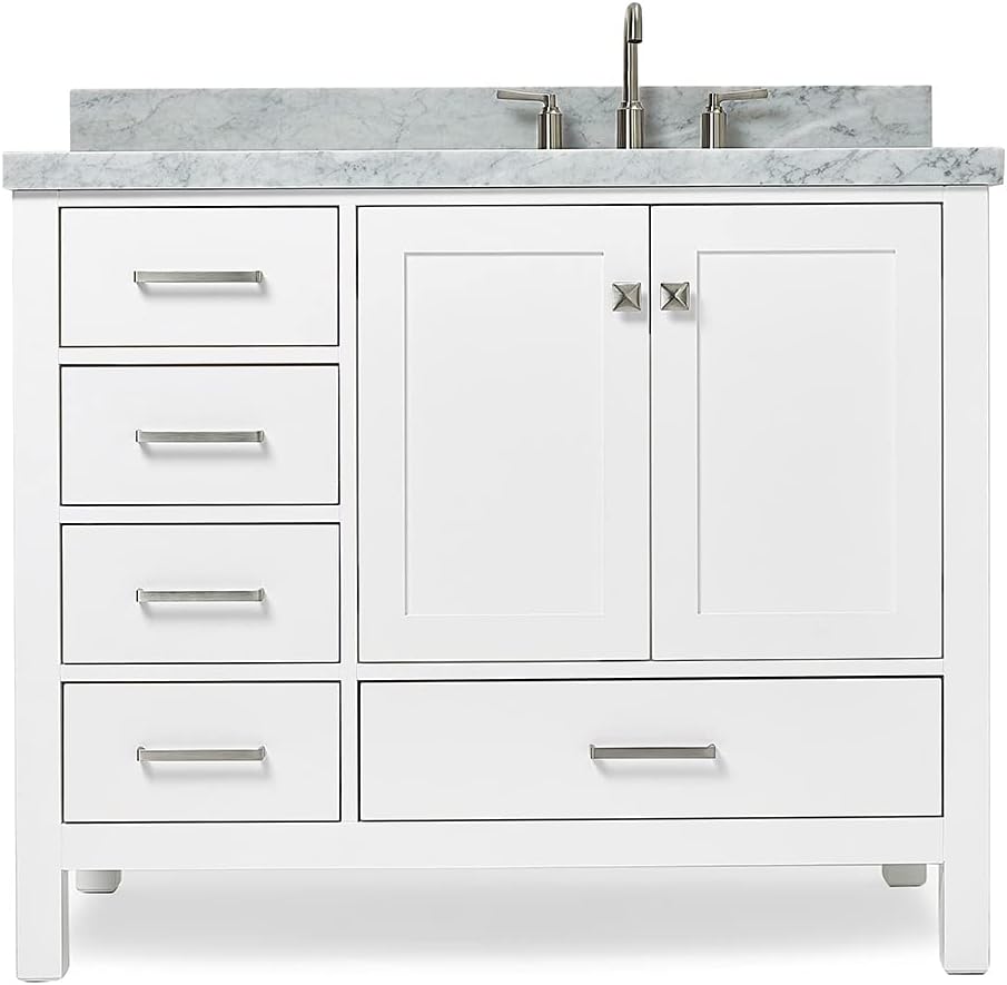 ARIEL Cambridge 42-inch Bathroom Vanity with Sink,Solid Wood, 1.5-inch Italian Carrara Marble Countertop, Single Rectangular Porcelain Sink, 2 Soft Closing Doors, 5 Dovetail Drawers, White