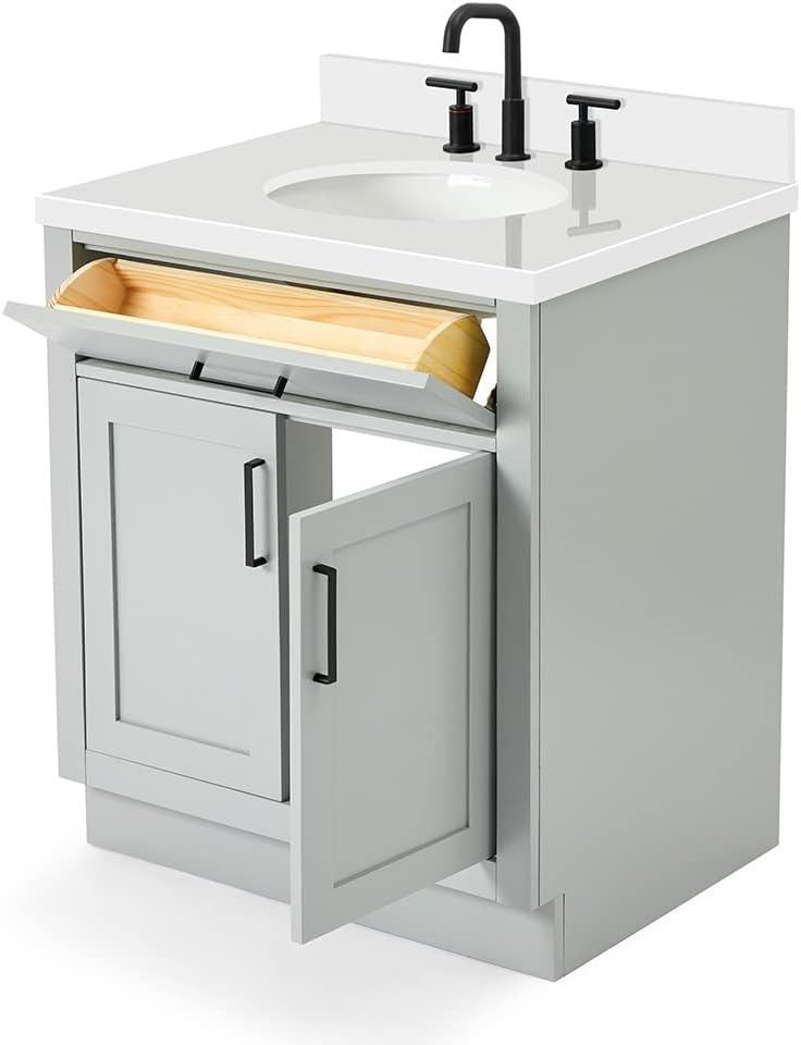 ARIEL Hepburn 30-inch Bathroom Vanity with Sink,Solid Wood, 1.5-inch Pure White Quartz Countertop & Backsplash, Single Oval Porcelain Sink, 2 Soft Closing Doors, 1 Dovetail Drawers, Grey