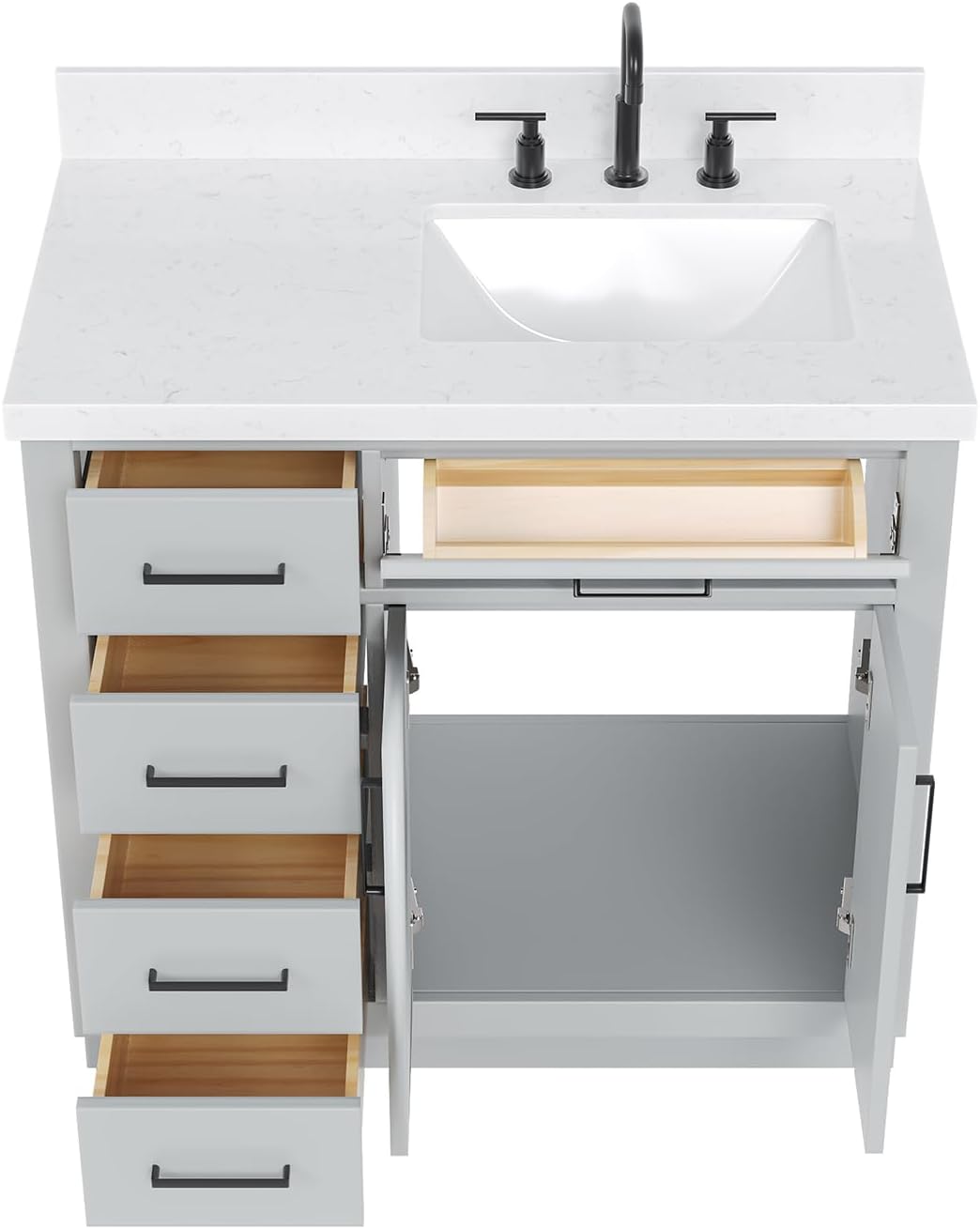 ARIEL Hepburn 36-inch Bathroom Vanity with Sink,Solid Wood, 1.5-inch Carrara White Quartz Countertop & Backsplash, Single Rectangular Porcelain Sink, 2 Soft Closing Doors, 5 Dovetail Drawers, Grey