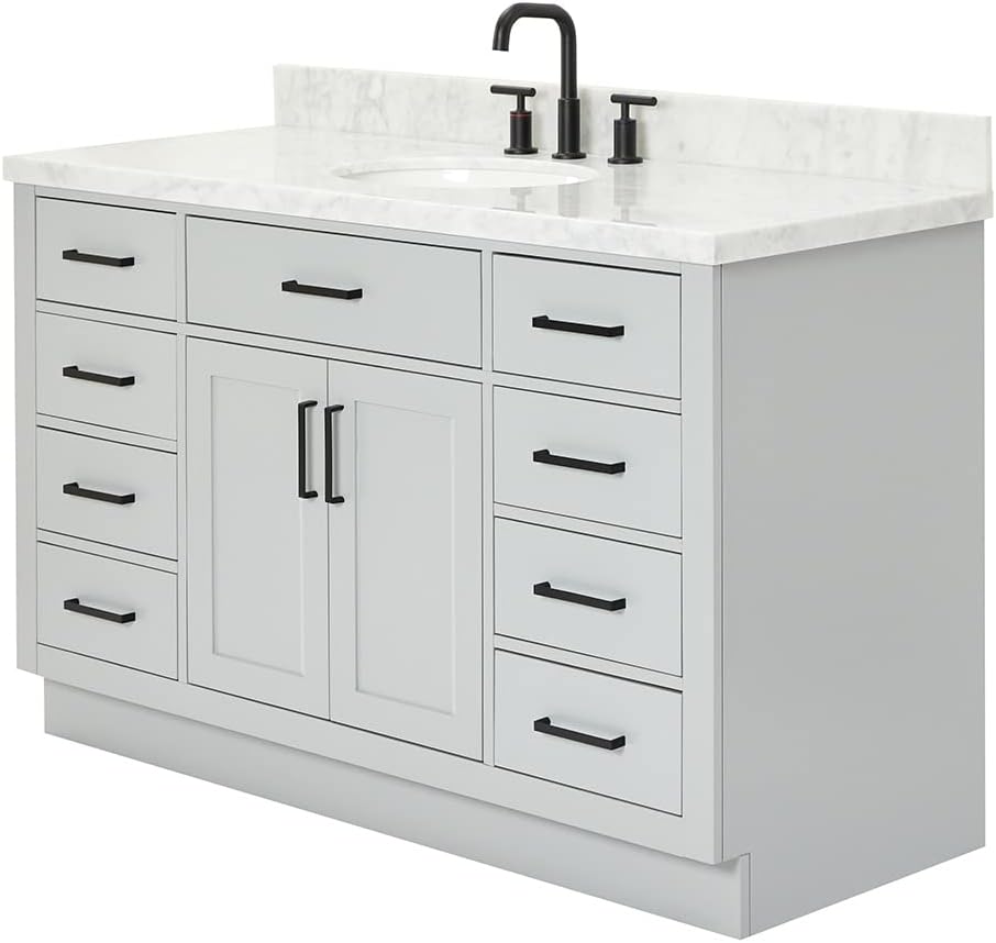ARIEL Hepburn 54-inch Bathroom Vanity with Sink,Solid Wood, 1.5-inch Italian Carrara Marble Countertop & Backsplash, Single Oval Porcelain Sink, 2 Soft Closing Doors, 9 Dovetail Drawers, Grey