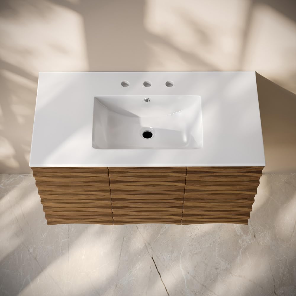 Swiss Madison Cascade 36' Wall-Mounted Bathroom Vanity in Brown Oak with 3-Hole Widespread Sink Top