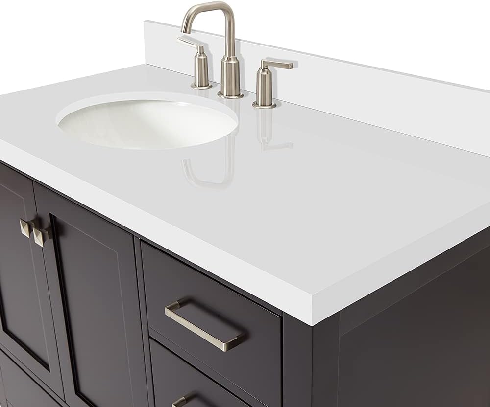 ARIEL Cambridge 42-inch Bathroom Vanity with Sink,Solid Wood, 1.5-inch Pure White Quartz Countertop & Backsplash, Single Oval Porcelain Sink, 2 Soft Closing Doors, 5 Dovetail Drawers, Espresso