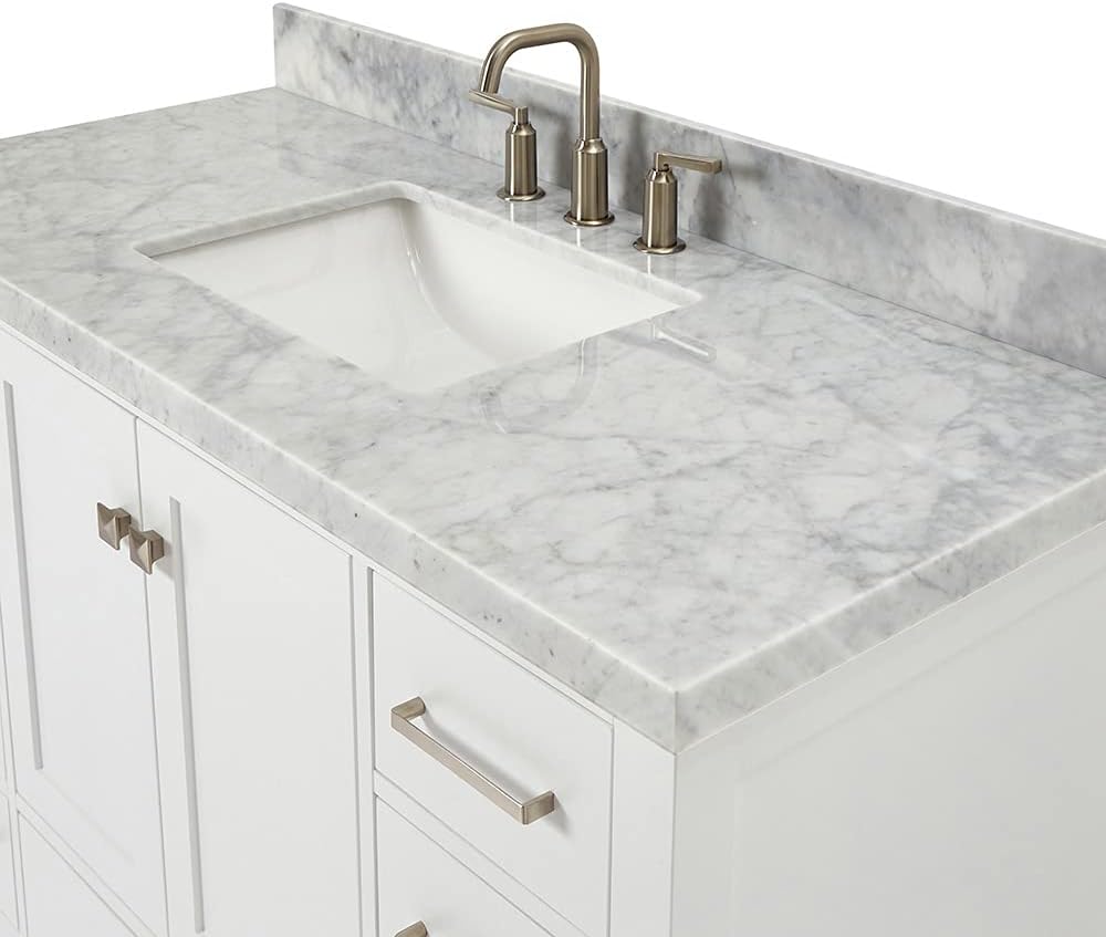 ARIEL Cambridge 48-inch Bathroom Vanity with Sink,Solid Wood, 1.5-inch Italian Carrara Marble Countertop, Single Rectangular Porcelain Sink, 2 Soft Closing Doors, 9 Dovetail Drawers, White