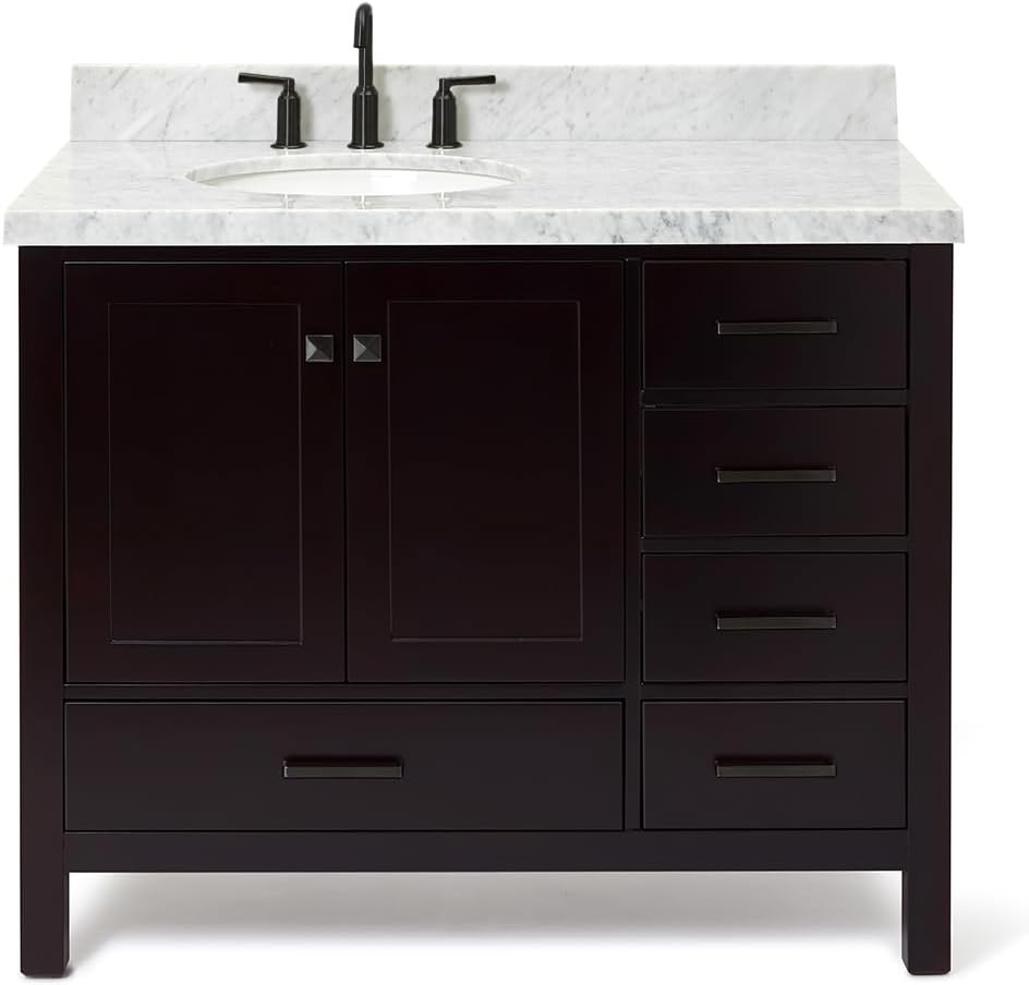 ARIEL Cambridge 42-inch Bathroom Vanity with Sink,Solid Wood, 1.5-inch Italian Carrara Marble Countertop & Backsplash, Single Oval Porcelain Sink, 2 Soft Closing Doors, 5 Dovetail Drawers, Espresso