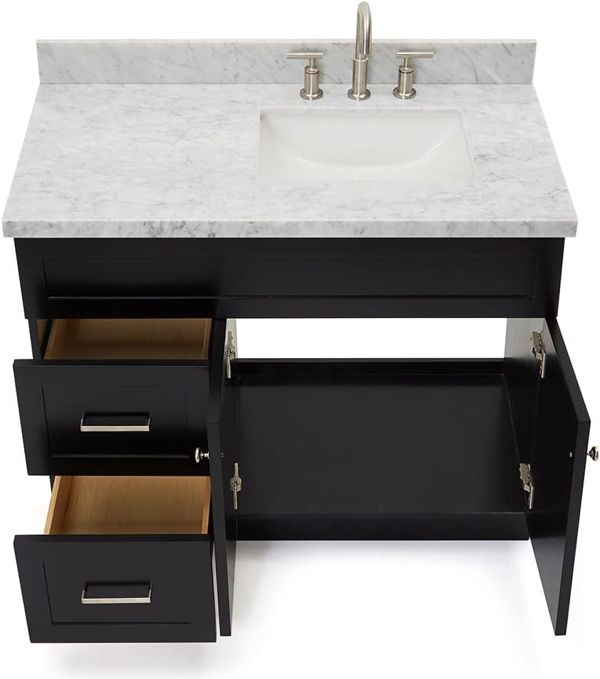 ARIEL Hamlet 42-inch Bathroom Vanity with Sink,Solid Wood, 1.5-inch Italian Carrara Marble Countertop, Single Rectangular Porcelain Sink, 2 Soft Closing Doors, 2 Dovetail Drawers, Black