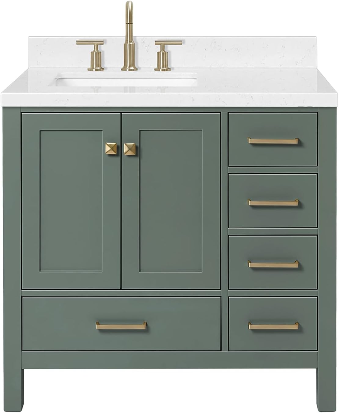 ARIEL Cambridge 36-inch Bathroom Vanity with Sink,Solid Wood, 1.5-inch Carrara White Quartz Countertop, Single Rectangular Porcelain Sink, 2 Soft Closing Doors, 5 Dovetail Drawers, Vintage Green
