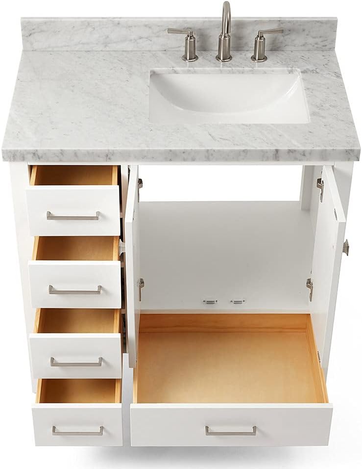 ARIEL Cambridge 36-inch Bathroom Vanity with Sink,Solid Wood, 1.5-inch Italian Carrara Marble Countertop, Single Rectangular Porcelain Sink, 2 Soft Closing Doors, 5 Dovetail Drawers, White