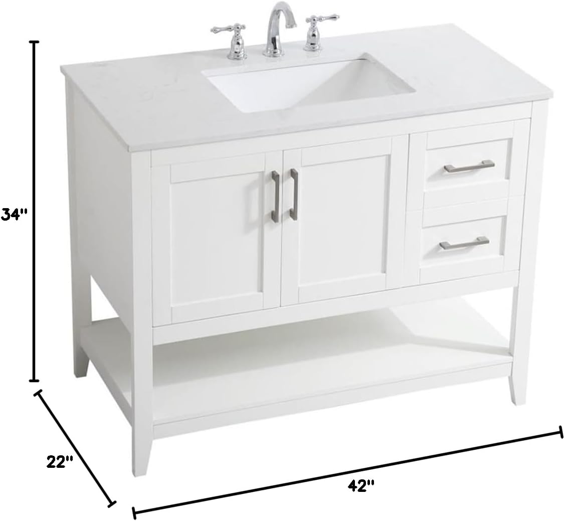 Pemberly Row Traditional 42' Bathroom Vanity, White Finish, Quartz Top with Undermount Porcelain Sink, Solid Wood and MDF Construction, Free-Standing, Storage Cabinet and Bottom Shelf, Brushed Nickel
