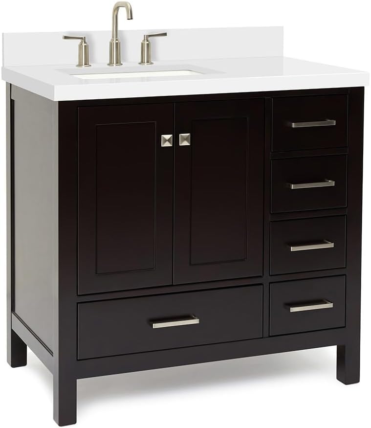 ARIEL Cambridge 36-inch Bathroom Vanity with Sink,Solid Wood, 1.5-inch Pure White Quartz Countertop, Single Rectangular Porcelain Sink, 2 Soft Closing Doors, 5 Dovetail Drawers, Espresso