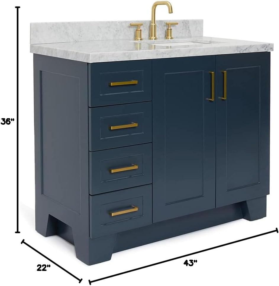 ARIEL 42' Gray Single Bathroom Vanity with Rectangular Sink, 1.5' Edge Pure White Quartz Countertop, Solid Wood Frame, 2 Soft-Closing Doors, 4 Dovetail Drawers, Satin Nickel