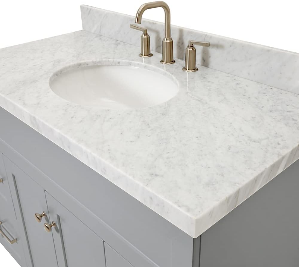 ARIEL Hamlet 42-inch Bathroom Vanity with Sink,Solid Wood, 1.5-inch Italian Carrara Marble Countertop & Backsplash, Single Oval Porcelain Sink, 2 Soft Closing Doors, 4 Dovetail Drawers, Grey