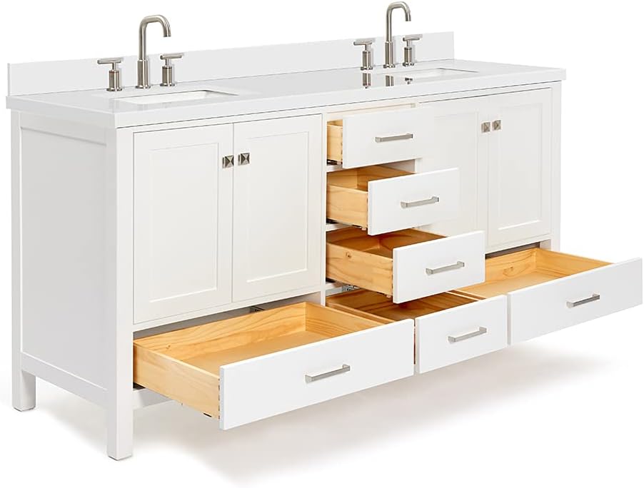 DKB Beckford 72 Inch Bathroom Vanity Double Sink — White Bathroom Vanity with Sink, 1.5' Edge Pure White Quartz Countertop & Backsplash, 4 Soft-Close Doors, 6 Dovetail Drawers