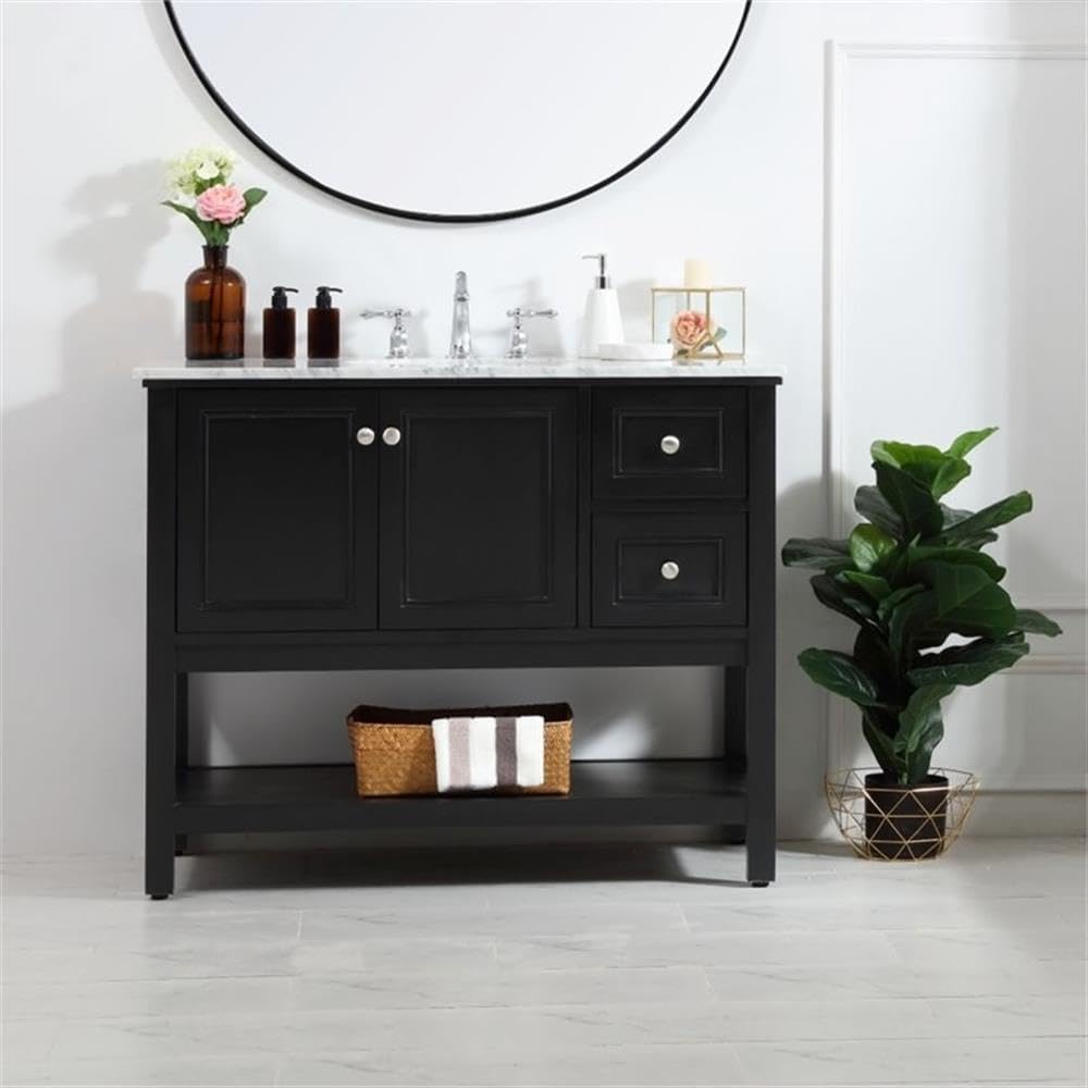 Pemberly Row Contemporary 42' Single Bathroom Vanity, Black Finish, Solid Poplar Wood Base, Carrara White Marble Top, Porcelain Undermount Sink, Soft-Close Drawers, Freestanding Design for Bathroom