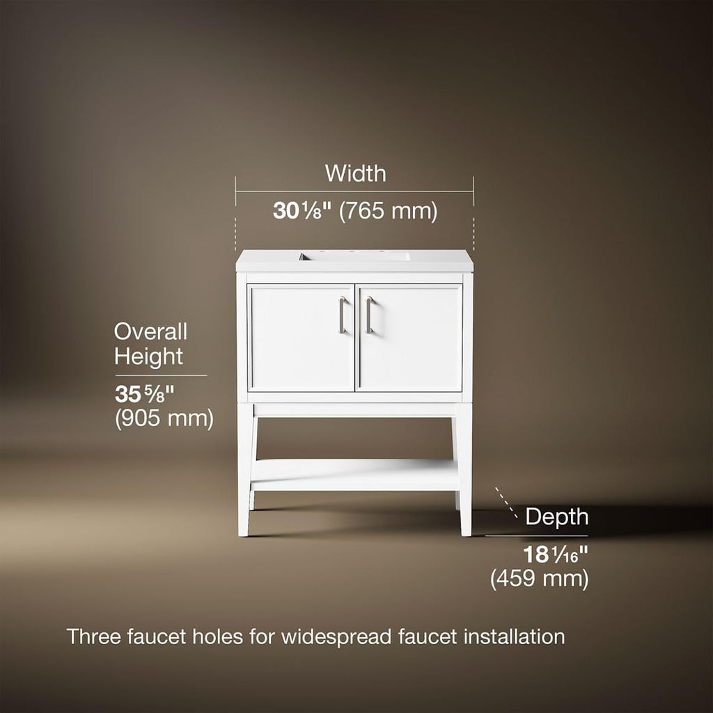 Kohler Winnow 30 Inch Bathroom Vanity Cabinet with White Single Sink and Quartz Top, Modern Bathroom Vanity, White, K-33578-ASB-0