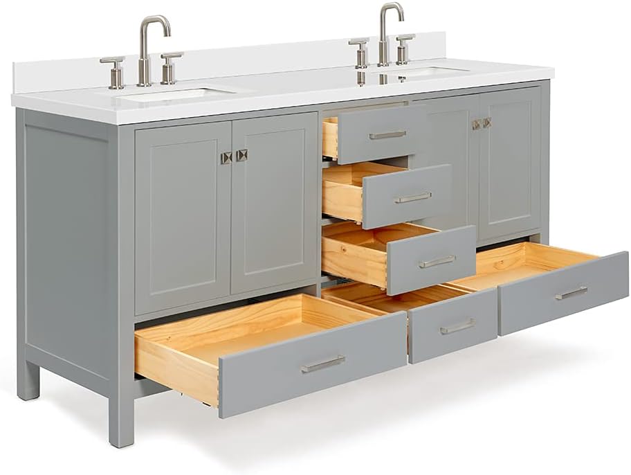 DKB Beckford 72 Inch Bathroom Vanity Double Sink — Grey Bathroom Vanity with Sink, 1.5' Edge Pure White Quartz Countertop & Backsplash, 4 Soft-Close Doors, 6 Dovetail Drawers