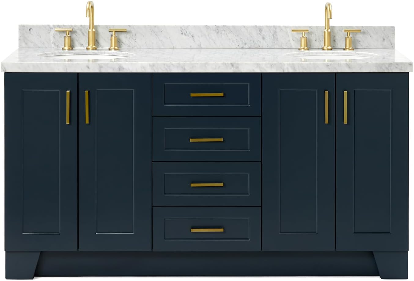 ARIEL Taylor 66-inch Bathroom Vanity with Sink,Solid Wood, 1.5-inch Italian Carrara Marble Countertop, Double Oval Porcelain Sink, 4 Soft Closing Doors, 5 Dovetail Drawers, Midnight Blue