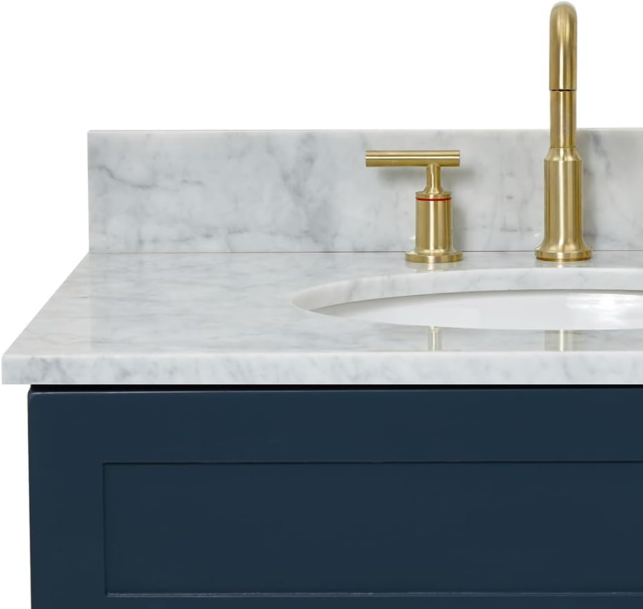 ARIEL Hamlet 30-inch Bathroom Vanity with Sink,Solid Wood, 0.75-inch Italian Carrara Marble Countertop & Backsplash, Single Oval Porcelain Sink, 2 Soft Closing Doors, Midnight Blue