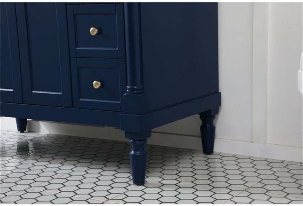 Pemberly Row Traditional 42' Solid Wood Bathroom Vanity, Blue Finish, Off White Marble Top, Porcelain Sink, 6 Soft Closing Drawers, Gold Hardware, Rectangle Design for Bathroom or Powder Room