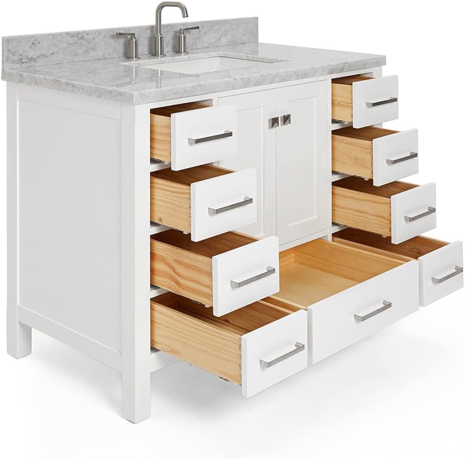 ARIEL Cambridge 42-inch Bathroom Vanity with Sink,Solid Wood, 1.5-inch Italian Carrara Marble Countertop, Single Rectangular Porcelain Sink, 2 Soft Closing Doors, 9 Dovetail Drawers, White