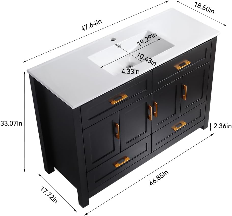 48' Bathroom Vanity with Sink, Modern Freestanding Single Sink Vanity Cabinet with Gold Handles, 2 Drawers & 4 Soft-Close Doors, Solid Wood Frame Bathroom Storage Cabinet with Ceramic Top, Black