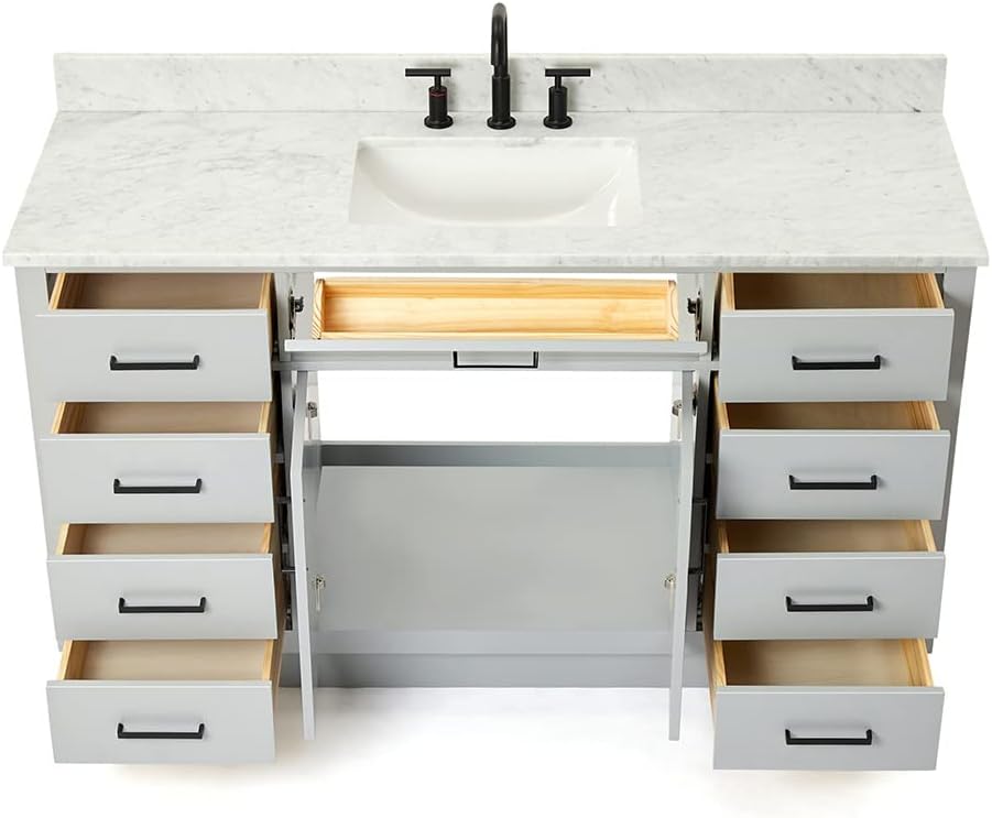 ARIEL Hepburn 60-inch Bathroom Vanity with Sink,Solid Wood, 0.75-inch Italian Carrara Marble Countertop, Single Rectangular Porcelain Sink, 2 Soft Closing Doors, 9 Dovetail Drawers, Grey