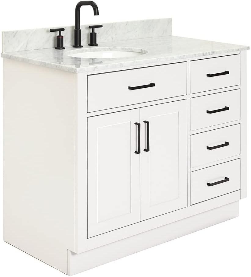 ARIEL Hepburn 43' Inch Left Offset Oval Sink Vanity with 0.75 Inch Edge Carrara White Countertop in White