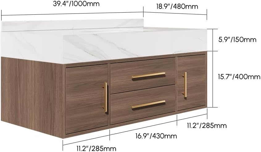 homary 39.4 inch Floating Bathroom Vanity with Single Sink, Modern Design with Sintered Stone Top & Undermount Sink, 2 Soft-Close Drawers for Master & Guest Bathrooms, Walnut