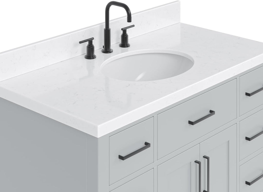 DKB Isabella 42-Inch Gray Bathroom Vanity with Sink, 1.5-Inch Edge Carrara Quartz Countertop, Solid Wood Frame, Oval Undermount Sink, 2 Soft Closing Doors, 9 Full Extension Drawers, Toe Kick