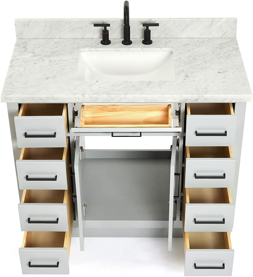 ARIEL Hepburn 42' Gray Single Bathroom Vanity with Sink, 1.5' Edge Italian Carrara Marble Top, Solid Wood Frame, Rectangular Undermount Sink, 2 Soft Closing Doors, 9 Dovetail Drawers