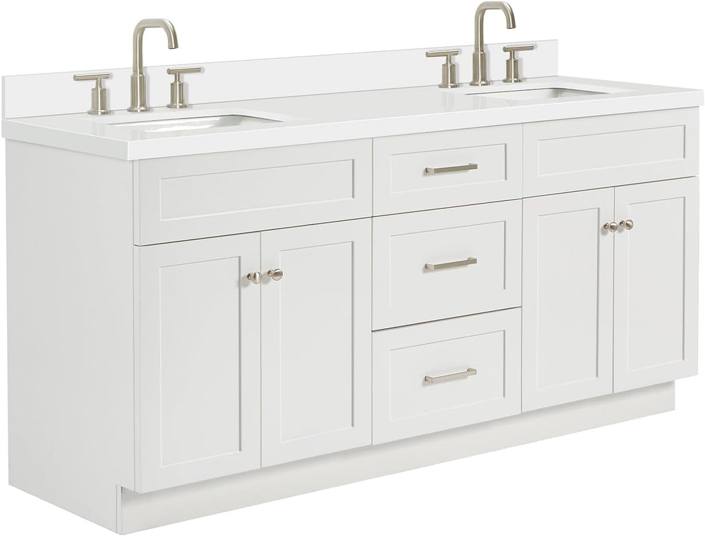 ARIEL Hamlet 72-inch Bathroom Vanity with Sink,Solid Wood, 1.5-inch Pure White Quartz Countertop & Backsplash, Double Rectangular Porcelain Sink, 4 Soft Closing Doors, 3 Dovetail Drawers, White