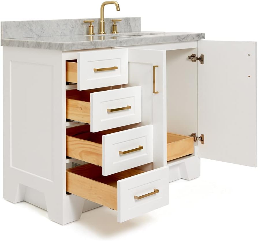 ARIEL Taylor 42-inch Bathroom Vanity with Sink,Solid Wood, 1.5-inch Italian Carrara Marble Countertop, Single Rectangular Porcelain Sink, 2 Soft Closing Doors, 5 Dovetail Drawers, White