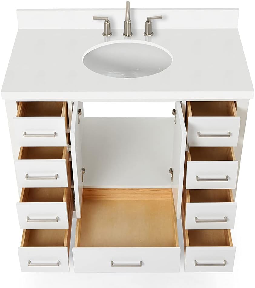 DKB Beckford 42-Inch White Bathroom Vanity with Sink, 1.5' Quartz Countertop & Backsplash, Undermount Oval Sink, 2 Soft Closing Doors & 9 Drawers, Satin Brass Hardware, Solid Wood Construction