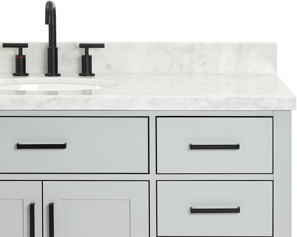 ARIEL Hepburn 54-inch Bathroom Vanity with Sink,Solid Wood, 1.5-inch Italian Carrara Marble Countertop & Backsplash, Single Oval Porcelain Sink, 2 Soft Closing Doors, 9 Dovetail Drawers, Grey