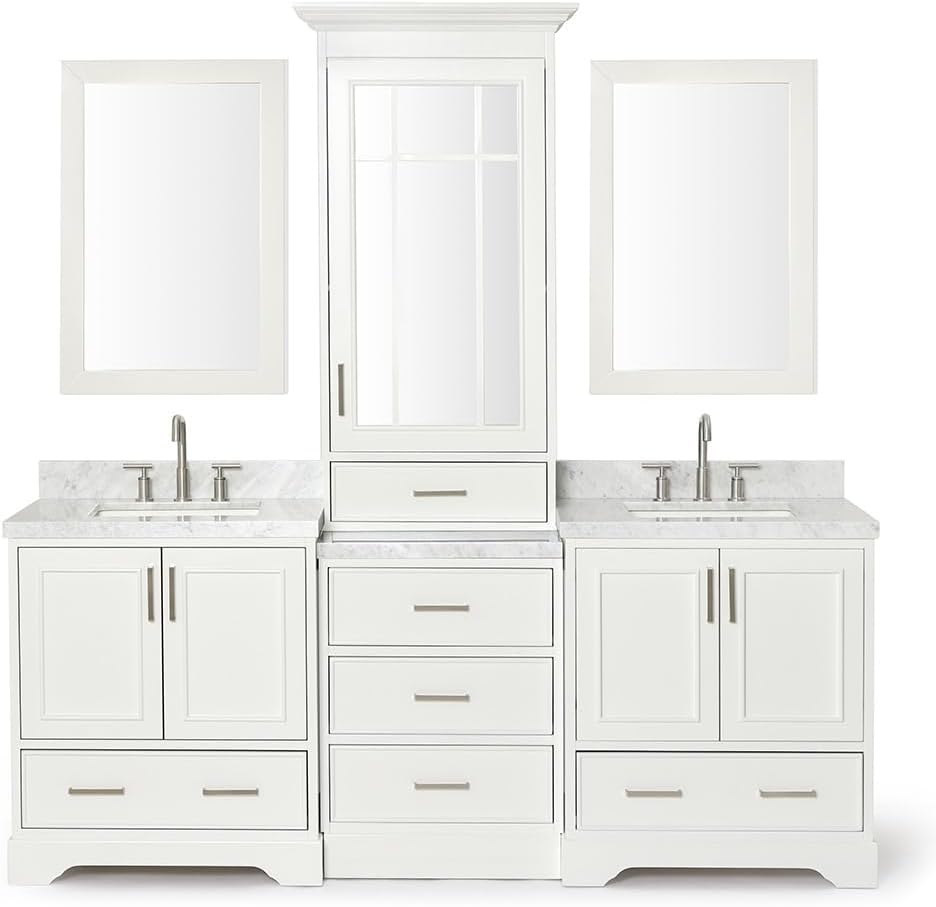 ARIEL Stafford 84-inch Bathroom Vanity with Sink,Solid Wood, 1.5-inch Italian Carrara Marble Countertop, Double Rectangular Porcelain Sink, 5 Soft Closing Doors, 6 Dovetail Drawers, White