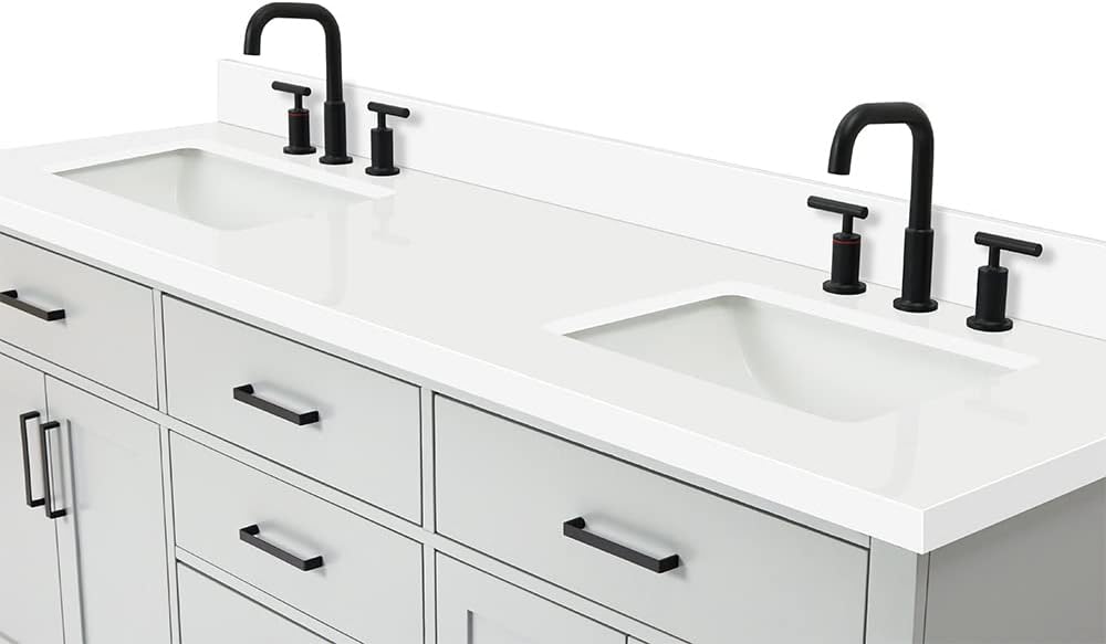 DKB Isabella 72 Inch Bathroom Vanity Double Sink — Grey Bathroom Vanity with Sink, 1.5' Edge Pure White Quartz Countertop, 4 Soft-Close Doors, 4 Dovetail Drawers, and 2 Tilt Drawers