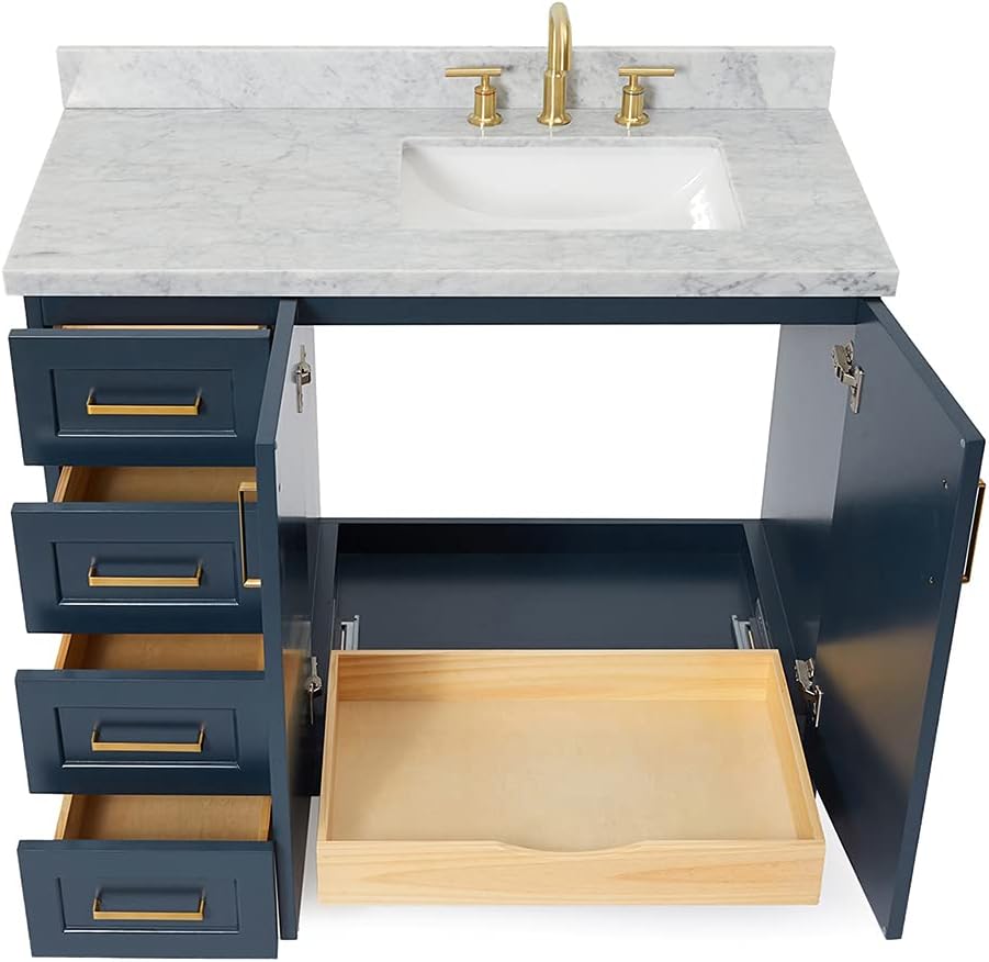 ARIEL 42' Gray Single Bathroom Vanity with Rectangular Sink, 1.5' Edge Pure White Quartz Countertop, Solid Wood Frame, 2 Soft-Closing Doors, 4 Dovetail Drawers, Satin Nickel