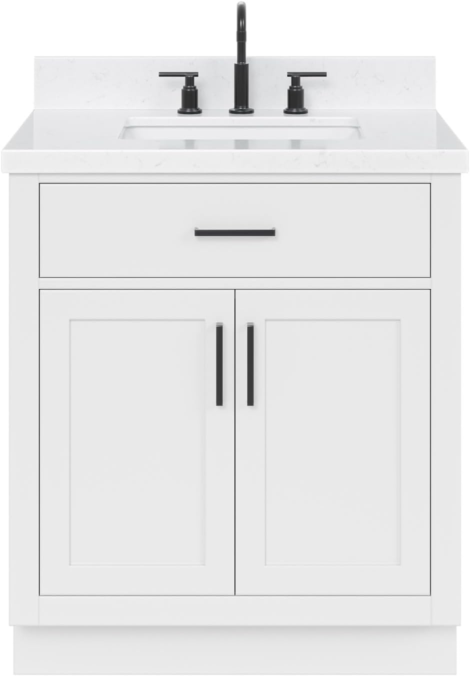 ARIEL Hepburn 30-inch Bathroom Vanity with Sink,Solid Wood, 1.5-inch Carrara White Quartz Countertop & Backsplash, Single Rectangular Porcelain Sink, 2 Soft Closing Doors, 1 Dovetail Drawers, White