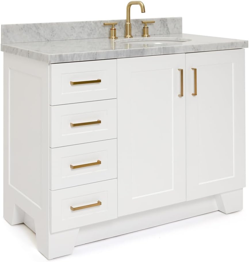 ARIEL Taylor 42-inch Bathroom Vanity with Sink,Solid Wood, 1.5-inch Italian Carrara Marble Countertop & Backsplash, Single Oval Porcelain Sink, 2 Soft Closing Doors, 5 Dovetail Drawers, White