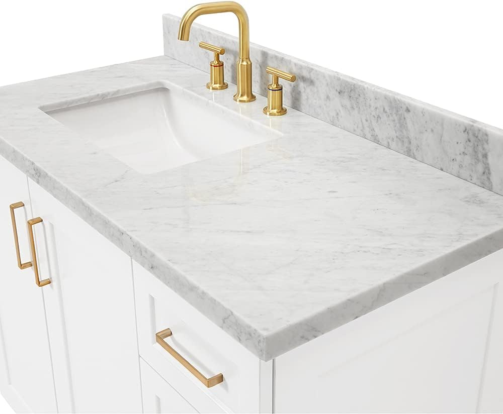 ARIEL Taylor 42-inch Bathroom Vanity with Sink,Solid Wood, 1.5-inch Italian Carrara Marble Countertop, Single Rectangular Porcelain Sink, 2 Soft Closing Doors, 5 Dovetail Drawers, White