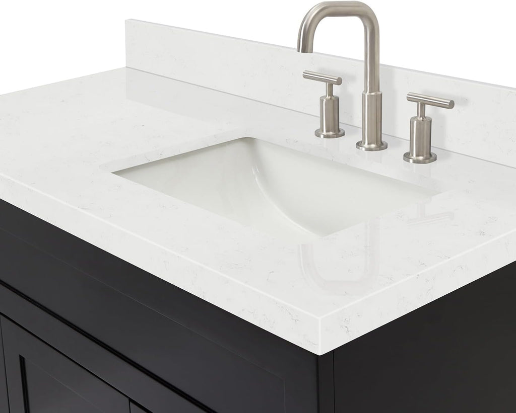 DKB Bradford 42-Inch Black Single Bathroom Vanity with Right Rectangular Undermount Sink, 1.5' Carrara Quartz Countertop, Solid Wood Frame, 2 Soft-Closing Doors, 2 Drawers, Toe Kick, Brushed Nickel