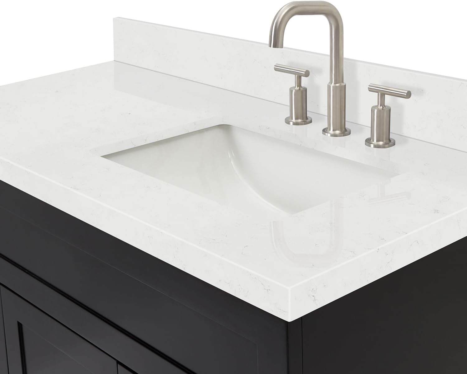 DKB Bradford 42-Inch Black Single Bathroom Vanity with Right Rectangular Undermount Sink, 1.5' Carrara Quartz Countertop, Solid Wood Frame, 2 Soft-Closing Doors, 2 Drawers, Toe Kick, Brushed Nickel